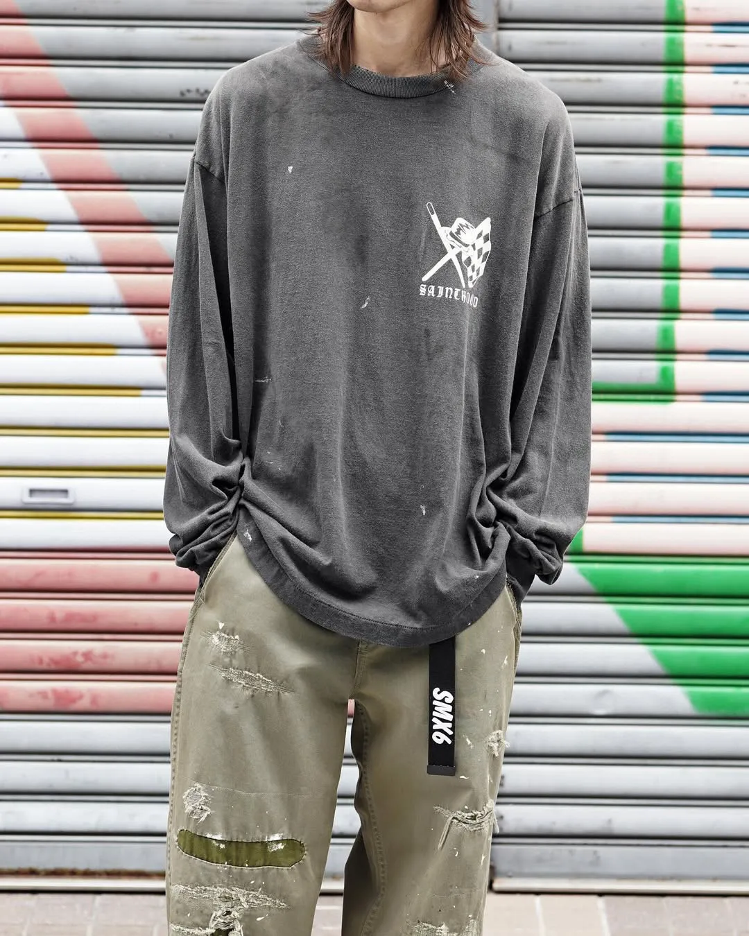 SAINT Mxxxxxx × NEIGHBORHOOD STHD . LS TEE SPEED KILLS/BLK Skull Helmet Long Sleeves Washed Black S-XL Cylindrical Cloth Ready-Made Assute Dyeing Heavy Washing Water Fading Handmade Splashed Ink Holes Simulate Natural Fading and Old Effects Correct Version Customized NBHD Co-branded Accessories Top Purchasing Level